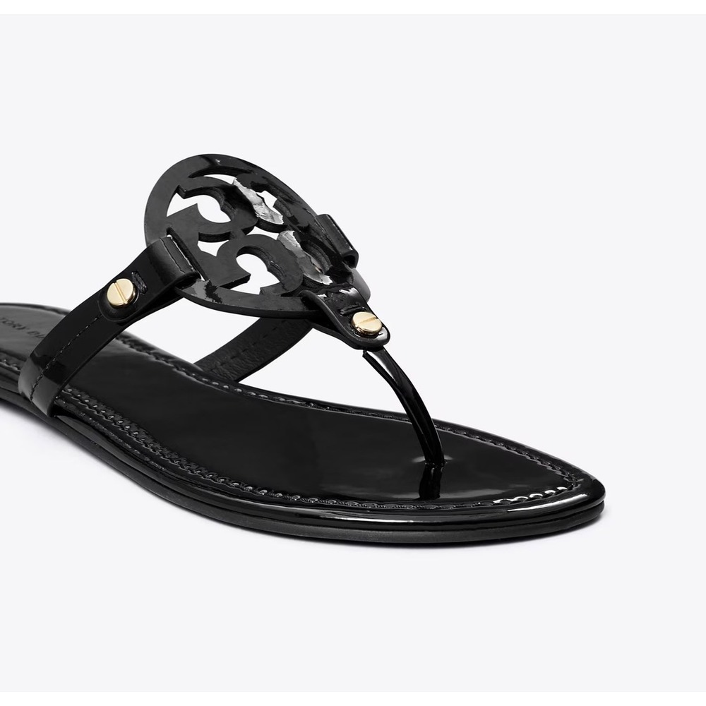 Tory Burch Miller Sandal Women 9.5 Black Patent Leather Logo Classic Iconic